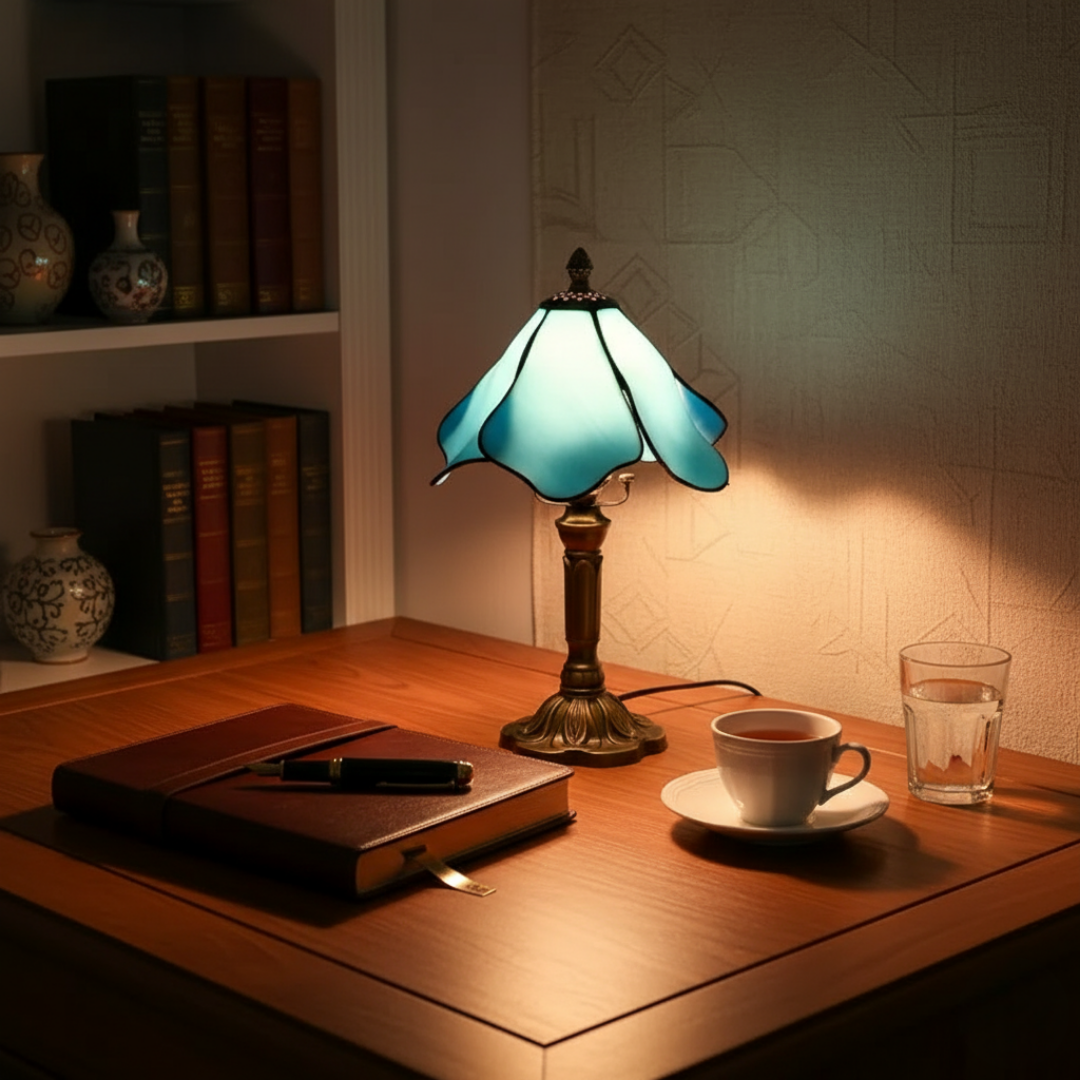 BLÅ KLOCKA | Klassisk lampa med kronbladsformad skärm