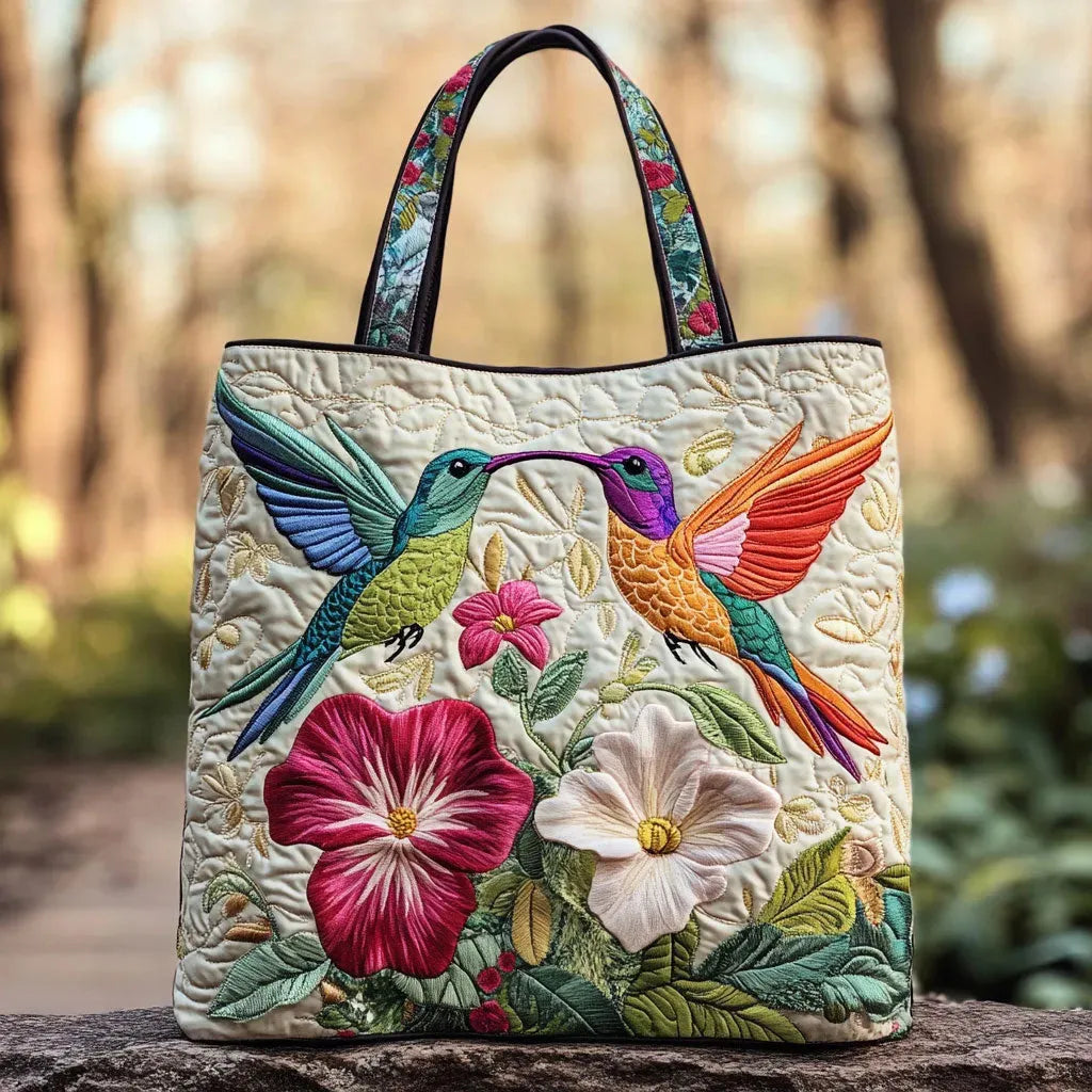 Handgjord quiltad väska – Kolibri och vita blommor
