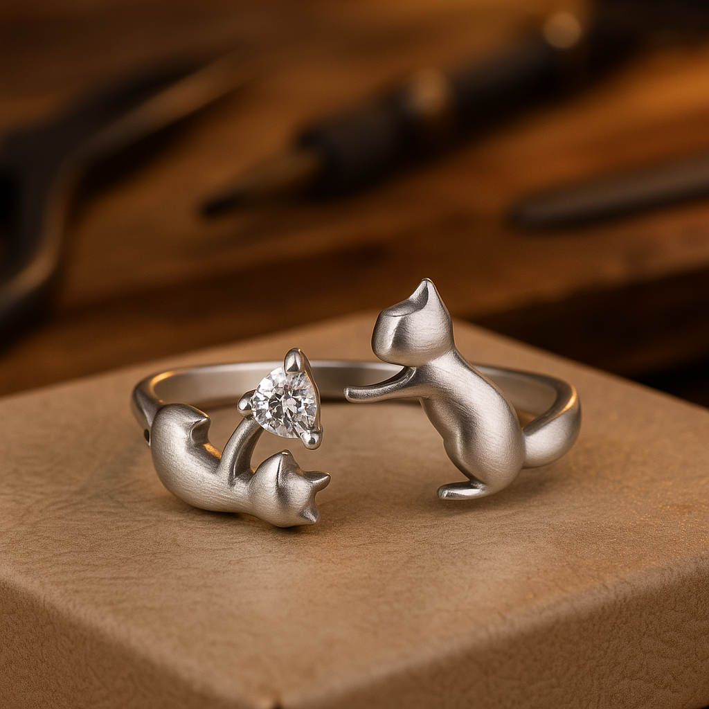 Justerbar ring med katt och zirkon