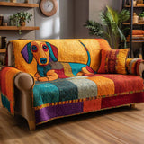 Sylvia - Quiltat soffskydd patchwork och hund