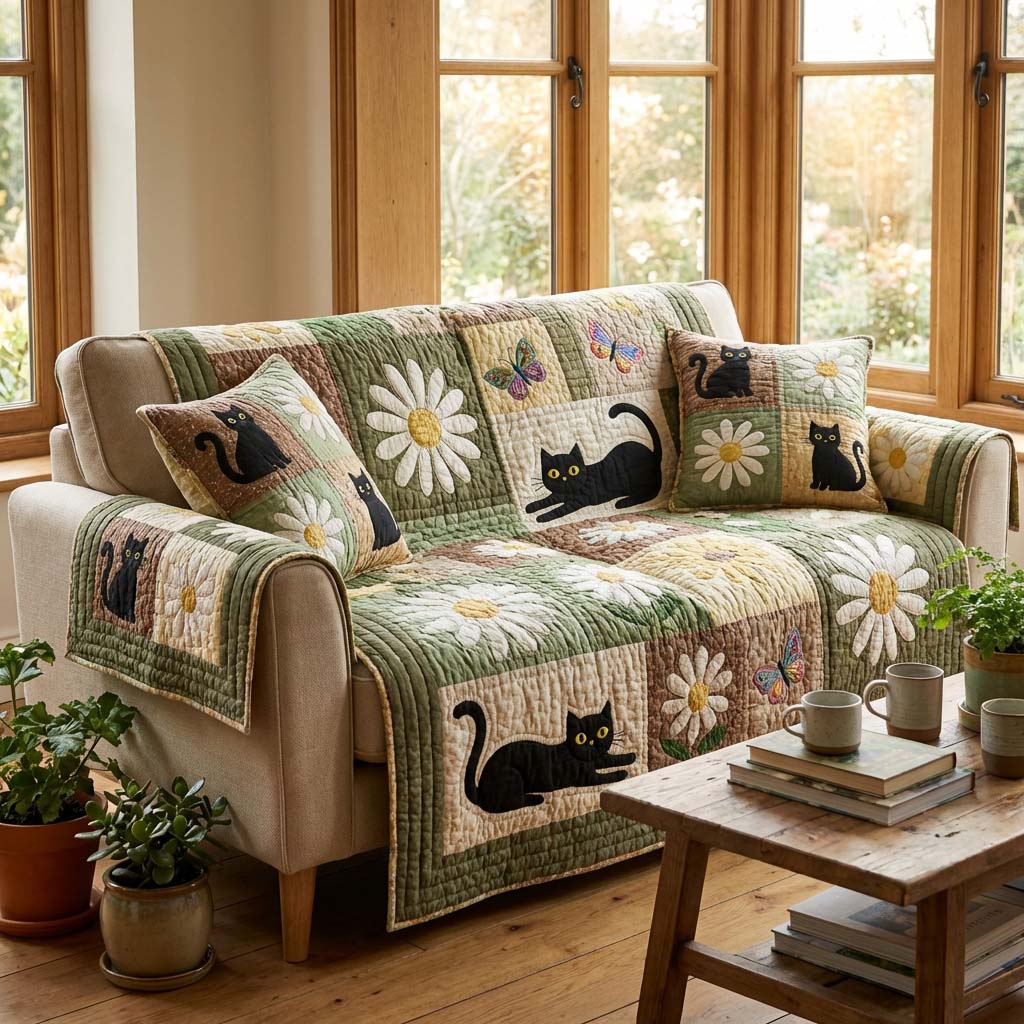 Thea - Quiltat soffskydd med katt- och blommotiv