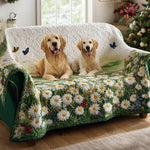 Dorotea - Quiltat soffskydd med golden retriever och prästkragar