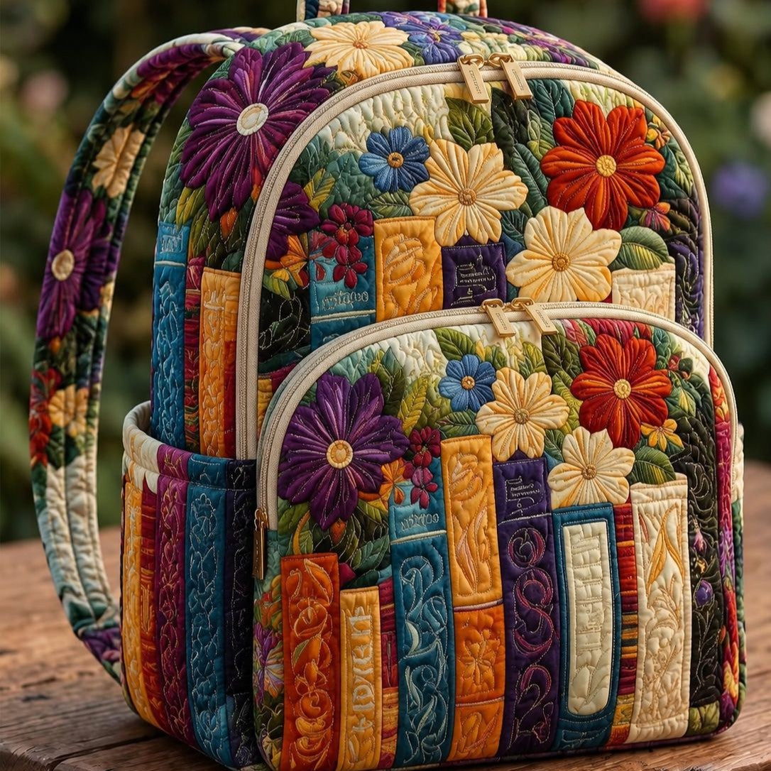 Quiltad ryggsäck – Böcker och prästkragar