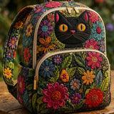 Quiltad ryggsäck – Svart katt och vilda blommor