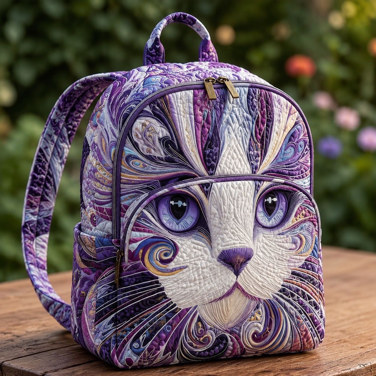 Quiltad ryggsäck – Konstnärlig lila katt