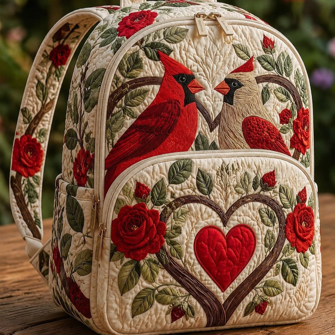 Quiltad ryggsäck – Röda fåglar och rosor