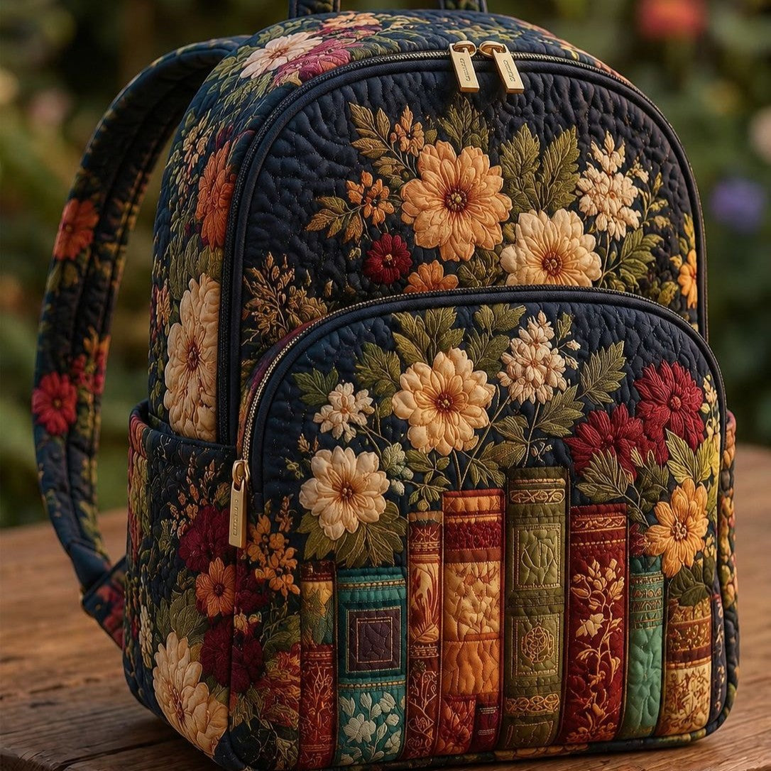 Quiltad ryggsäck – Antika böcker och mörka blommor
