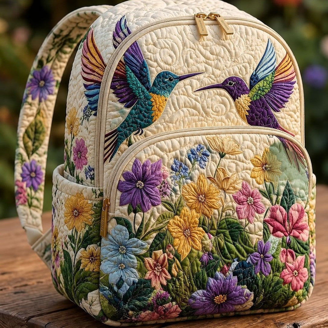 Quiltad ryggsäck – Kolibri på blomsteräng