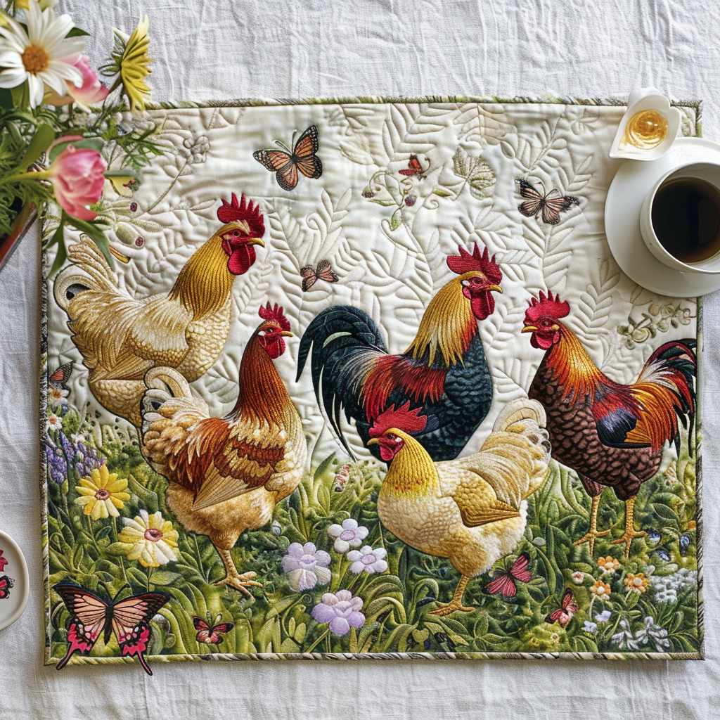 Quiltad bordstablett – Charmiga höns och blommor