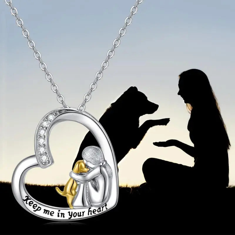 Lyckligt halsband med hjärt- och hundmotiv – Silverhalsband med zirkon