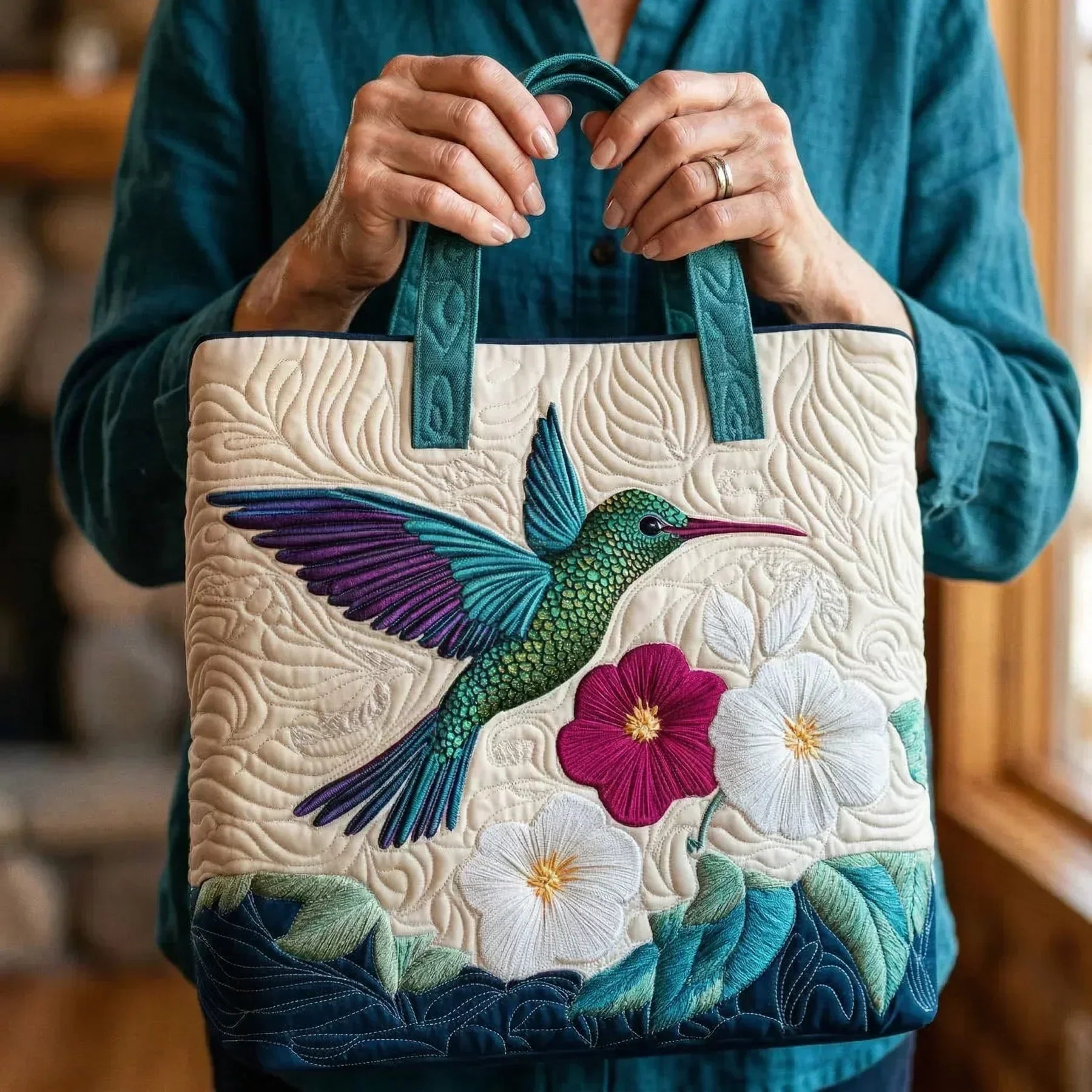 Handgjord quiltad väska – Kolibri och vit blomma