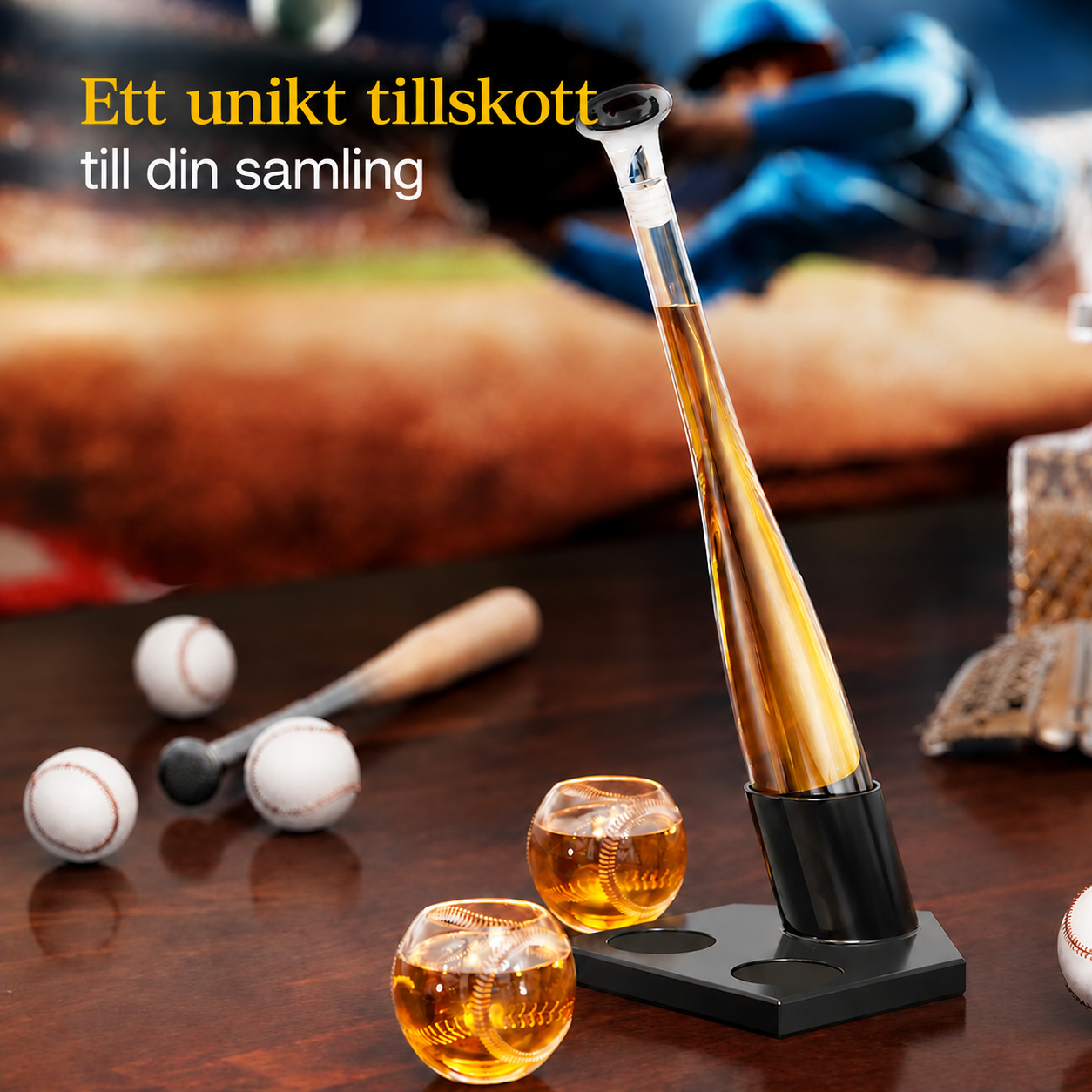 Whiskykaraff med baseboll och två glas