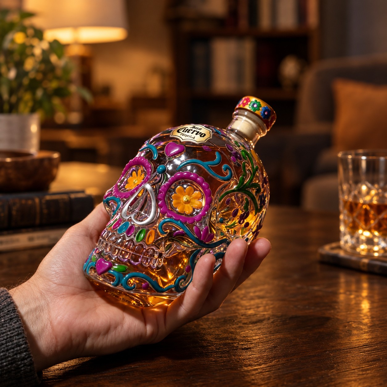 Handblåst whiskykaraff dödskalle och glasset